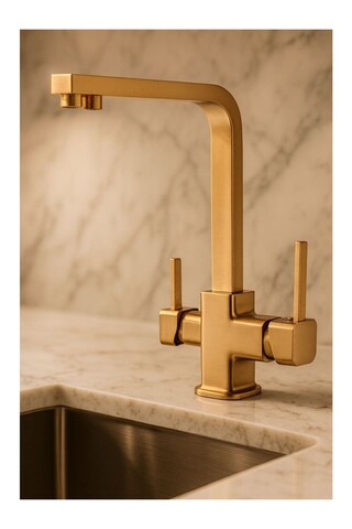 Aquamix Mat Gold Kare Üç Yolu Arıtmalı Mutfak Evye Bataryası Mat Altın