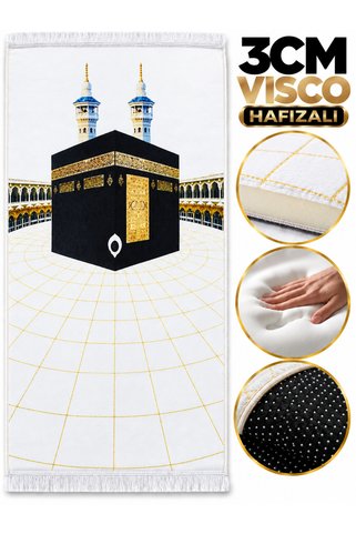 Carpetella 3cm Kalın Süngerli Yumuşak Kabe Seccade Yıkanabilir Çeyizlik Hediyelik Namazlık Kabe Desenli