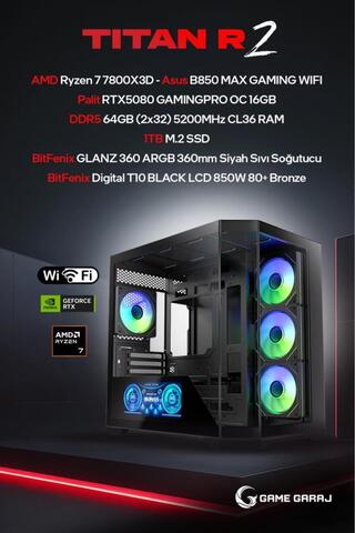 Game Garaj Titan R2 AMD R7 7800X3D RTX5080 64GB RAM 1TB SSD 360mm Sıvı Soğt FreeDOS Oyuncu OEM Paket