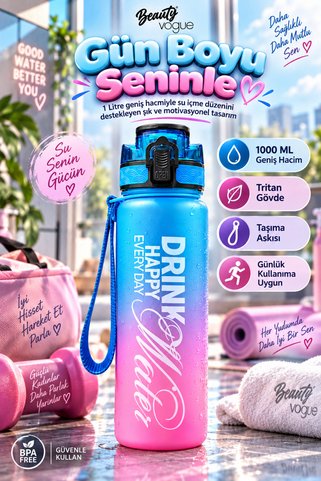 Beauty Vogue Hydra Boost Edition 1 Litre Tek Tuşla Açılır Sızdırmaz Kilitli Kapak Filtreli ve Sağlıklı Özel Tasarım BPA İçermez Koku Yapmaz Spor Salonu Okul Ofis Askılı Motivasyonel Tritan Su Matarası Mavi Pembe