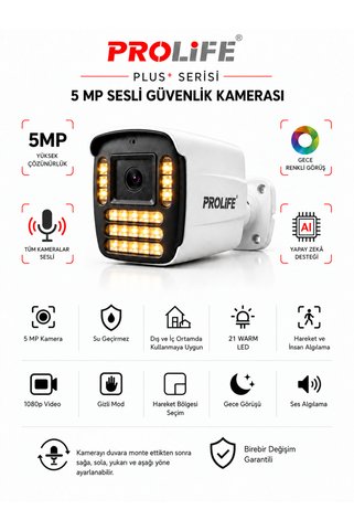 PROLİFE Full HD Warm Led Ses Kayıtlı AHD TVI Güvenlik Kamerası Gece Renkli Görüşlü 2 Yıl Garantili
