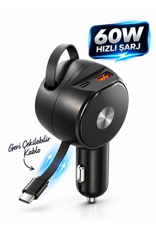 DEANB 60W 3.4A Hızlı Araç Şarj Cihazı 3'ü 1 Arada Geri Çekilebilir 65cm Kablolu Type-C USB Çakmaklık Şarj Adaptörü