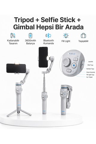 Ronanna 3 Eksen Telefon Gimbal Stabilizer Yapay Zeka Takipli Katlanabilir Dahili Dolgu Işıklı Video Sabitley