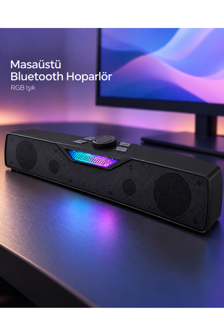Eco Lounge RGB Işıklı Bluetooth 5.4 Masaüstü Soundbar Hoparlör USB Destekli Siyah