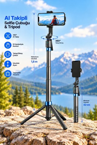 Asfal Akıllı Takip Özellikli 1,8 Metre Tripod 360° Otomatik Takipli Uzaktan Kumandalı Katlanabilir Selfie Çubuğu
