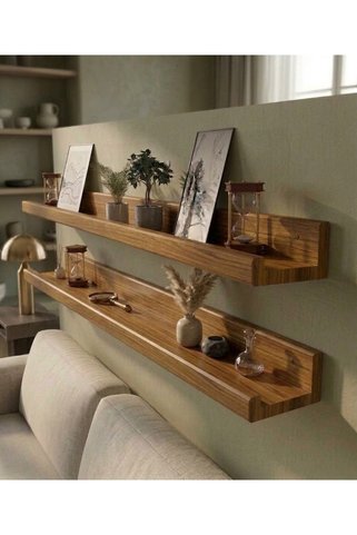 Mutowood 80cm 2'li Çam Ahşap (BURMA RENGİ) Resim Çerçeve Rafı Duvar Rafı Kitaplık Uçan Raf 2 Adet