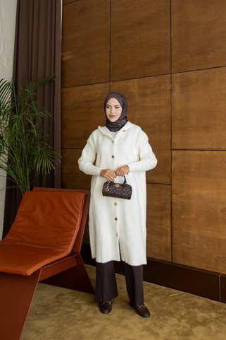 NAYEL Kadın Düğme Detaylı Kapüşonlu Angora Tesettür Triko Hırka Uzun Ceket