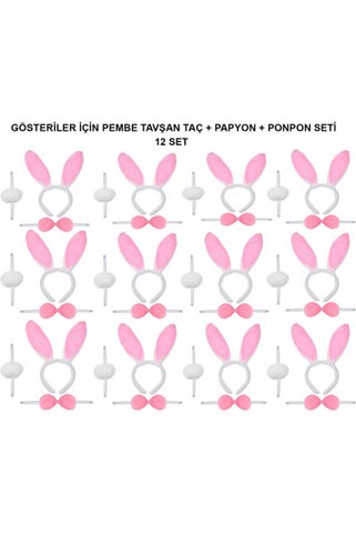Askımo Pembe Tavşan Kostüm Seti - Taç, Papyon, Ponpon (12 li Paket)