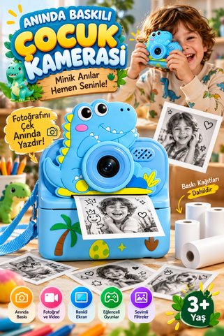 Happy Owl Anında Baskılı Çocuk Fotoğraf Makinesi – Termal Baskılı Dijital Kamera, Fotoğraf Video Çekimi, Renkli Ekran, Dinozor Tasarım