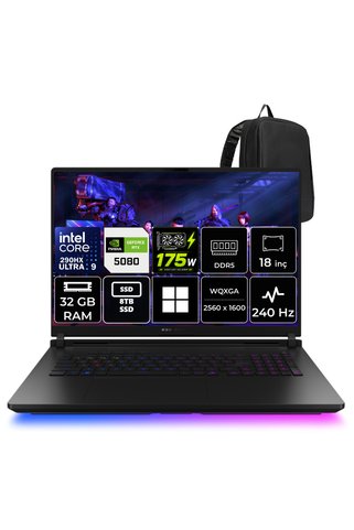 ASUS Rog Strix SCAR 18 Intel Core Ultra 9 290HX RTX 5080 16GB 175W 32GB RAM 4TB + 4TB SSD 18" WQXGA (2560x1600) Mini LED 240Hz Win11 Pro G835LWG-SA399WP444 Gaming Laptop + PER4 Çanta