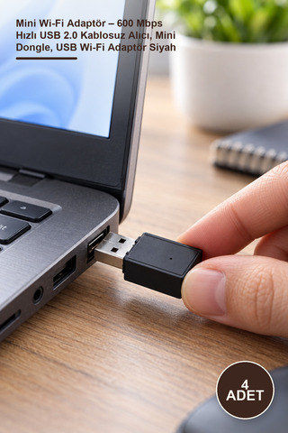 Yenilig 4 Adet Mini Wi-Fi Adaptör – 600 Mbps Hızlı USB 2.0 Kablosuz Alıcı, Mini Dongle, USB Wi-Fi Adaptör Siyah