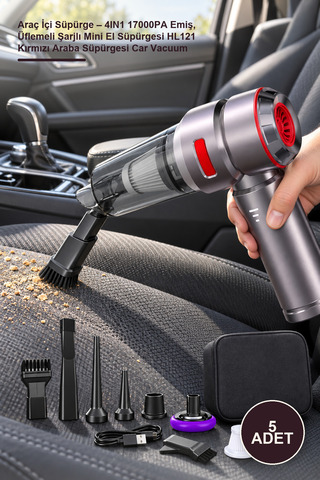 Yenilig 5 Adet Araç İçi Süpürge – 4IN1 17000PA Emiş, Üflemeli Şarjlı Mini El Süpürgesi HL121 Kırmızı Araba Süpürgesi Car Vacuum