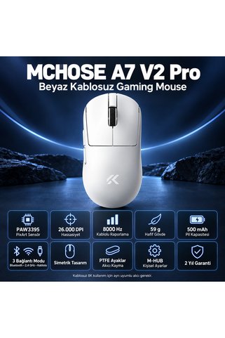 MCHOSE A7 V2 Pro White 8K Hz PAW3395 Sensör Kablosuz Simetrik Gaming Mouse (MC-A7V2-2)