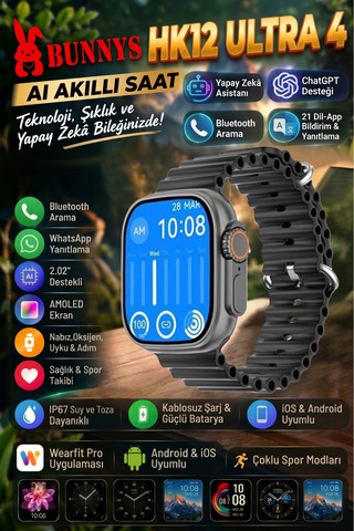 Bunnys App le iPhone 18 PRO MAX Uyumlu Ultra 4 Su Geçirmez Akıllı Saat Bluetooth Aramalı whtsapp Sesli Mesaj Gönderme AMOLED EKRAN