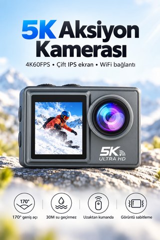 Tinytek 5K Çift Ekranlı Aksiyon Kamerası, 4K 60FPS 48MP Su Geçirmez Aksiyon Kamerası - 48MP WiFi EIS Titreşim Engelleyici Vlog Kamerası
