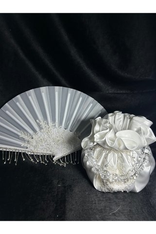 Bridal Luxe Dantelli taşlı gelin seti gelin çantası ve gelin yelpazesi