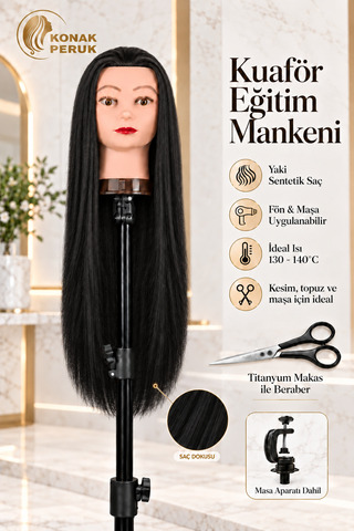 KONAK PERUK Kuaför Eğitim Mankeni - Yaki + Masa Aparatı + Makas / Siyah