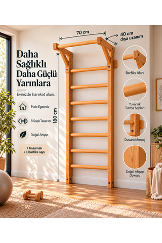 DizyWood Doğal Ahşap İsveç Merdiveni Barfiksli Duvar Tipi Jimnastik ve Egzersiz Aleti 180x70 cm
