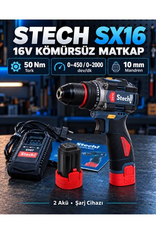 Beyhekim Hırdavat Stech SX16 16V Kömürsüz Şarjlı Matkap Vidalama Seti – Çift Akülü, 50 Nm, 10 mm Mandren