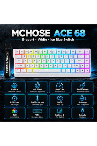 MCHOSE Ace68 E-sport White %65 HE Ice Blue Manyetik Switch RGB Hotswap Gaming Klavye
