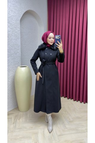 Kalemen Moda Kürk Yaka Kaşe Kaban 1009 Siyah