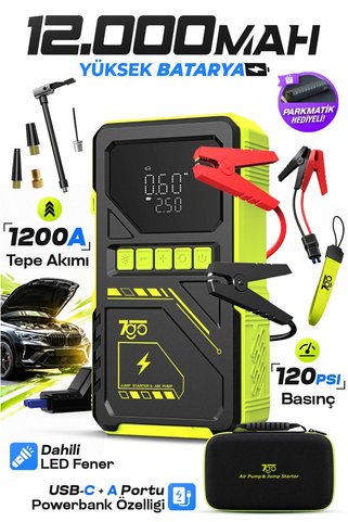 7GO 7A8 1200A Akü Takviye Cihazı ve Lastik Şişirme Pompası, 12000 mAh Powerbank, LCD Ekranlı Jump St