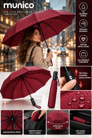 Munico Bordo Yağmur Şemsiyesi 104 cm Geniş Açılım Otomatik Açılır Kapanır Su İtici Kumaş Kompakt