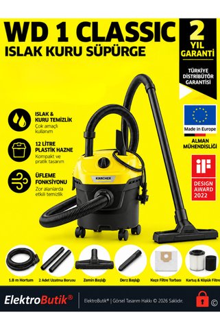 laptopfırsatı WD 1 Classic 850W 12 Litre Hazne Üfleme Özellikli Islak Kuru Elektrikli Süpürge 1.628-411.0