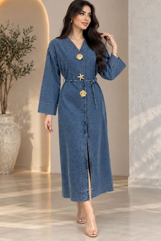 HİRAMİR Kadın Kuşaklı Gold Broş Detaylı Yırtmaçlı Oversize Denim Kimono KS2625