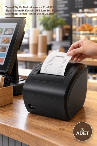 Yenilig 3 Adet Termal Fiş Ve Barkod Yazıcı – Trp-838X Siyah Otomatik Kesicili USB Lan Seri Portlu Doğrudan Termal Printer Etiket Çıkarıcı