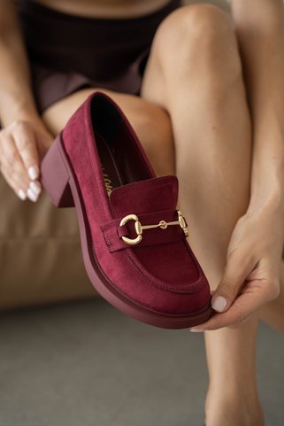 selin shoes Hily Gold Aksesuar Detay Kadın Loafer- BORDO SÜET