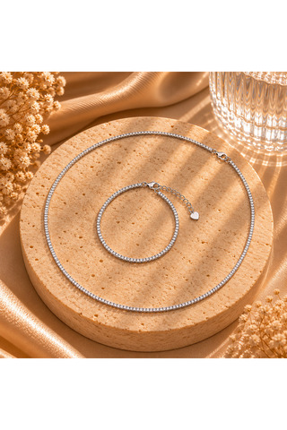 Desing 925 Ayar Gümüş 2 MM Pres Su Yolu Kolye ve Bileklik Seti Beyaz Taşlı 11.50 Gre