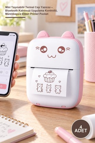 Yenilig 4 Adet Mini Taşınabilir Termal Cep Yazıcısı – Bluetooth Kablosuz Uygulama Kontrollü, Mürekkepsiz Etiket Printer Pocket