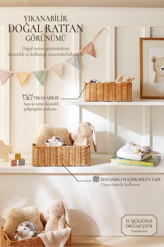 Ocean Home Textile 2'li Çocuk Odası Yıkanabilir Bej PP Rattan Dolap İçi Çamaşır Oyuncak Düzenleyici Saklama Sepeti Organizer 30x20x11 /36x26x12