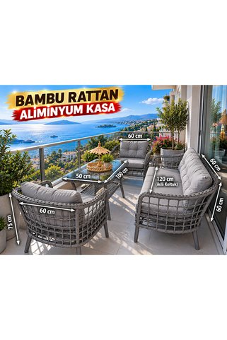 SERCANGARDEN MİNİCO ÖRÜMCEK ÖRGÜ MODEL ALİMİNYUM İSKELETTİR (GALVANİZ DEĞİLDİR) BAMBU RATTAN Bahçe Balkon Takımı