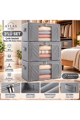 ATLAS HURÇ Çelik İskeletli Premium Kutu Hurç Şeffaf Pencereli Saklama kutusu 3'lü Set