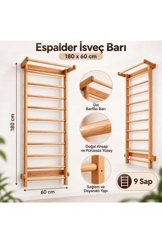 DizyWood Ahşap Espalder İsveç Barı Barfiksli Jimnastik Merdiveni 9 Sap 180x60 cm