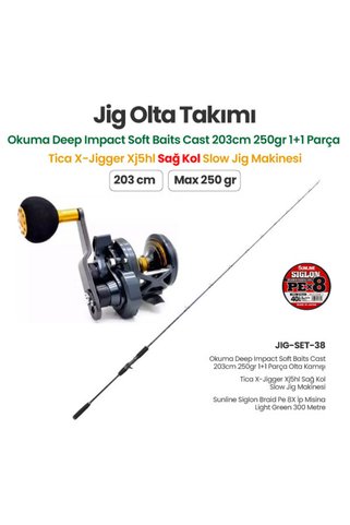 Okuma Deep Impact Soft Baits Cast 203cm 250gr 1+1 Parça Olta Kamışı + Tica X-Jigger Xj5hl Sağ Kol Slow Jig Makinesi + Jig Olta Takımı Set 38
