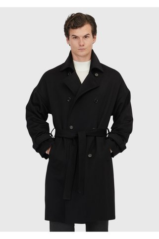 Ramsey Siyah Oversize Fit Kruvaze Yaka Dokuma Palto