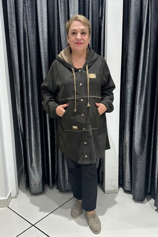 selma Büyük Beden Kapüşonlu Çıtçıt Düğmeli Spor Mont