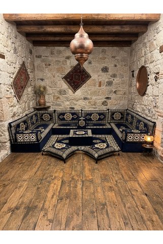 BAKIRÖZÜ HOME Güneş Modeli Lacivert Otantik Şark Köşesi Takımı – Yer Minderi Seti (20 Cm Minder Kalınlığı) 18 Parça