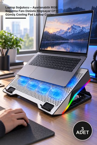 Yenilig 3 Adet Laptop Soğutucu – Ayarlanabilir RGB Soğutma Fanı Dizüstü Bilgisayar CF11 Gümüş Cooling Pad Laptop Cooler