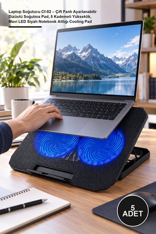 Yenilig 5 Adet Laptop Soğutucu Cf-02 – Çift Fanlı Ayarlanabilir Dizüstü Soğutma Pad, 5 Kademeli Yükseklik, Mavi LED Siyah Notebook Altlığı Cooling Pad