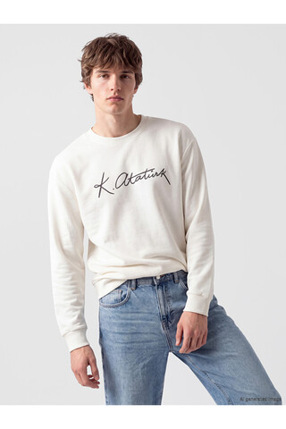 LC Waikiki Beyaz Atatürk İmzası Baskılı Erkek Kalın Sweatshirt