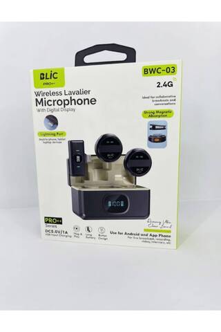 Blic Bwc-03 Kablosuz Ikili Yaka Mikrofonu Dijital Ekranlı Şarj Kutulu Lightning Port Girişli