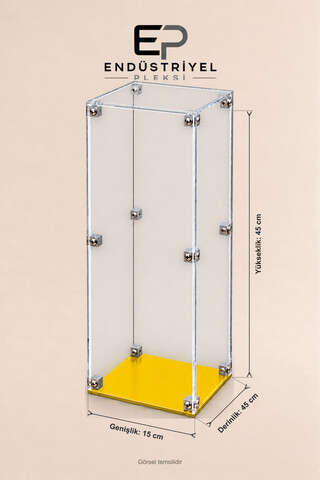 ep endustriyel pleksi 15x45x45 cm Dikey Şeffaf Pleksi Display Box Premium Vitrin Ürün Sergileme Kutusu Sarı Taban