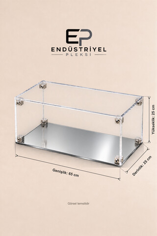 ep endustriyel pleksi 25x65x25 cm Dikdörtgen Şeffaf Pleksi Display Box Premium Ürün Sergileme Kutusu Gümüş Aynalı Taban