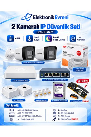 Hikvision 2 Kameralı 4 MP IP Güvenlik Kamera Seti | Sesli Kayıt, Renkli Gece Görüş, PoE, 1 TB HDD, 305 Metre Cat6