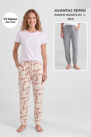 Aytuğ&Mısırlı Mısırlı Pamuklu Kadın İkili Alt Pijama Baskılı Ekru-Gri Melanj