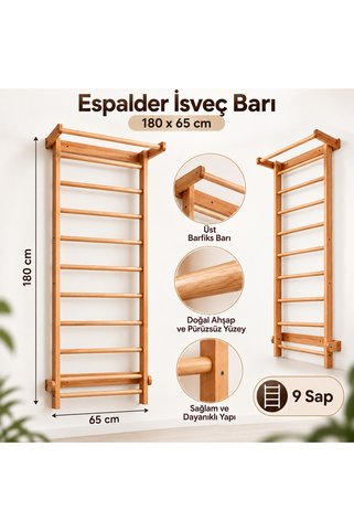 DizyWood Ahşap Espalder İsveç Barı Barfiksli Jimnastik Merdiveni 9 Sap 180x65 cm